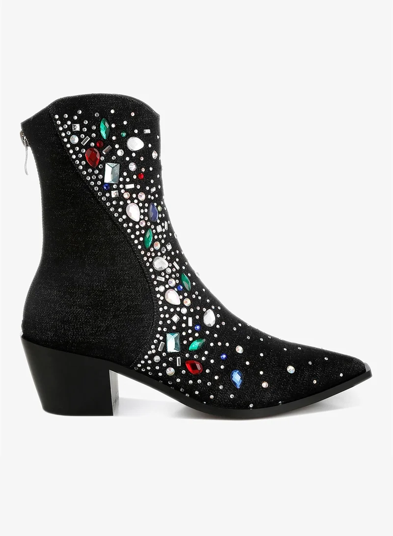 Multi Color Stones Embellished Boots in Black