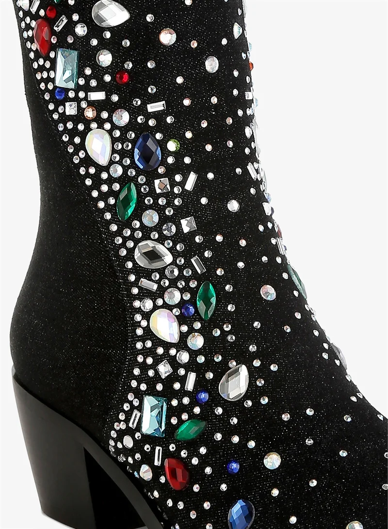 London Rag Multi Color Stones Embellished Boots in Black