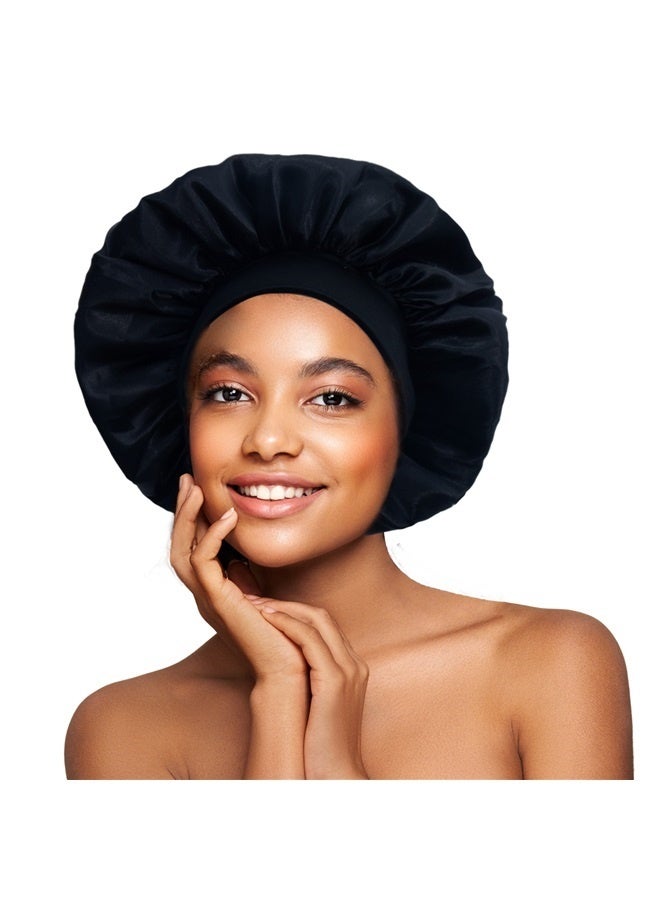 yongsheng Satin Bonnet Silk Curly Natural Long Hair Sleep Cap Women,Extra Large Satin Bonnet Hair Cap, 30cm Silk Bonnet for Sleeping, Jumbo Silk Sleep Cap for Women Braids Curly Hair Locs 1Pcs (Black) - Image 2