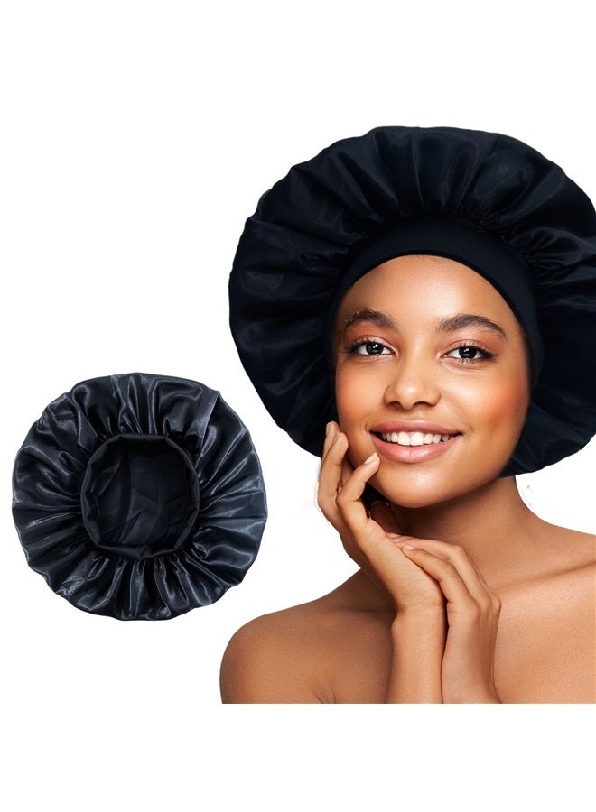 yongsheng Satin Bonnet Silk Curly Natural Long Hair Sleep Cap Women,Extra Large Satin Bonnet Hair Cap, 30cm Silk Bonnet for Sleeping, Jumbo Silk Sleep Cap for Women Braids Curly Hair Locs 1Pcs (Black) - Image 1