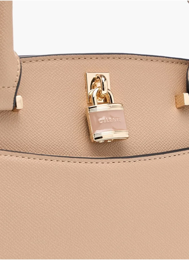 سيليست Solid Tote Bag with Lock Charm and Detachable Strap