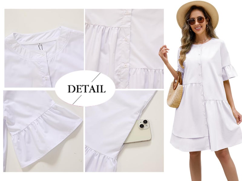 Choichic Button Down Shirt Dresses for Women with Pockets Flare Bell Sleeve A-Line Midi Tunic Dress Small White - Image 5