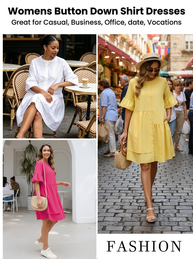 Choichic Button Down Shirt Dresses for Women with Pockets Flare Bell Sleeve A-Line Midi Tunic Dress Small White - Image 4