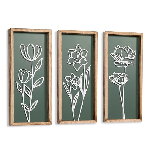 Tide and Tales 3D Floral Green Wall Art Set of 3 Lightweight Wooden ReadytoHang Boho Framed Wall Art for Bathroom Master Bedroom Living Room or Office Premium Sage Green Farmhouse Decor GiftBoxed - Image 1
