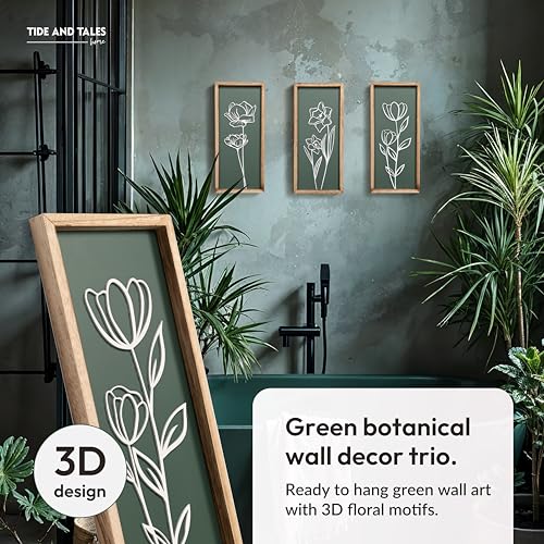 Tide and Tales 3D Floral Green Wall Art Set of 3 Lightweight Wooden ReadytoHang Boho Framed Wall Art for Bathroom Master Bedroom Living Room or Office Premium Sage Green Farmhouse Decor GiftBoxed - Image 3