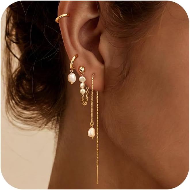 Moodear Dainty Pearl Drop Hoop Earrings - 14K Gold Plated Dangle Chain with Baroque Pearls - Image 1
