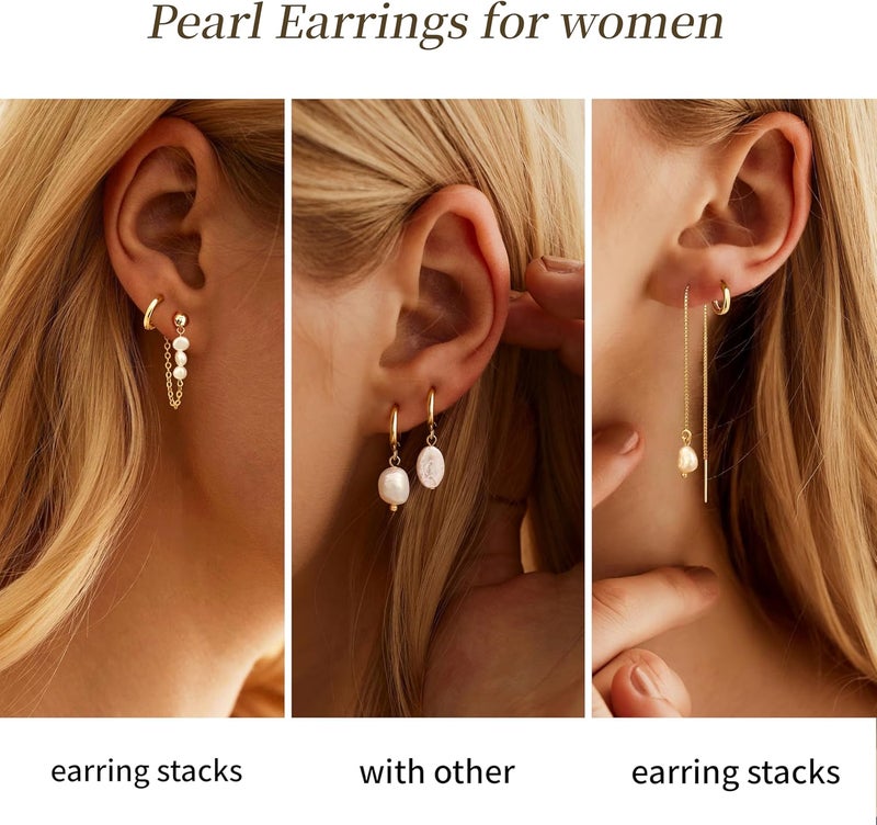 Moodear Dainty Pearl Drop Hoop Earrings - 14K Gold Plated Dangle Chain with Baroque Pearls - Image 3