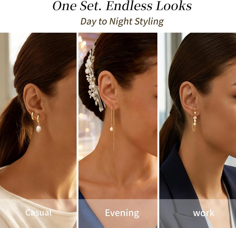 Moodear Dainty Pearl Drop Hoop Earrings - 14K Gold Plated Dangle Chain with Baroque Pearls - Image 5