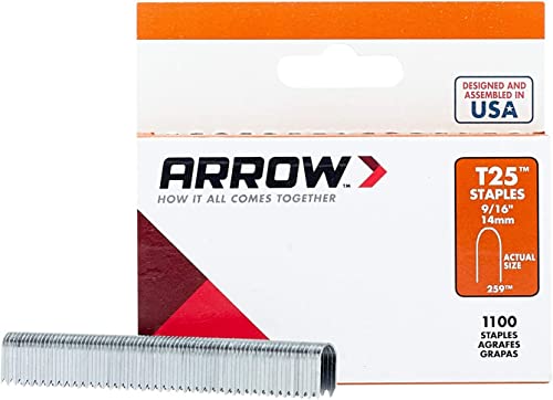 Arrow Fastener دبابيس ستيل ثقيلة من Arrow 259 T25 لتركيب الأسلاك والكابلات ذات الجهد المنخفض، للاستخدام مع أضواء العطلات، جرس الباب، أنظمة الإنذار، عبوة 1100، طول الساق 9/16 بوصة، عرض التاج 5/16 بوصة - Image 1