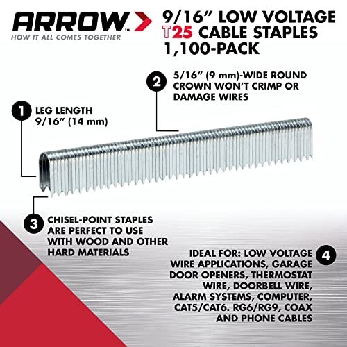 Arrow Fastener دبابيس ستيل ثقيلة من Arrow 259 T25 لتركيب الأسلاك والكابلات ذات الجهد المنخفض، للاستخدام مع أضواء العطلات، جرس الباب، أنظمة الإنذار، عبوة 1100، طول الساق 9/16 بوصة، عرض التاج 5/16 بوصة - Image 2