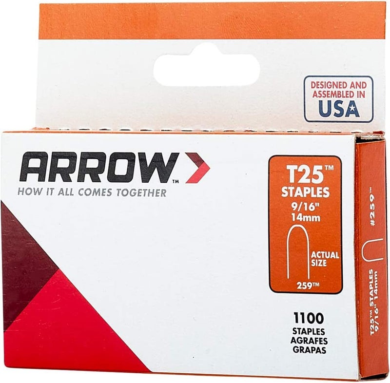 Arrow Fastener دبابيس ستيل ثقيلة من Arrow 259 T25 لتركيب الأسلاك والكابلات ذات الجهد المنخفض، للاستخدام مع أضواء العطلات، جرس الباب، أنظمة الإنذار، عبوة 1100، طول الساق 9/16 بوصة، عرض التاج 5/16 بوصة - Image 5