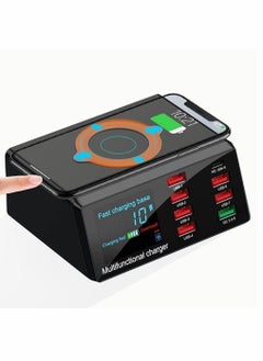 100W Quick Charge 3.0 8-Port USB Fast Charger,10W Max for Phone Wireless Charging,9-in-1 Multi-Device Charging Station, Black