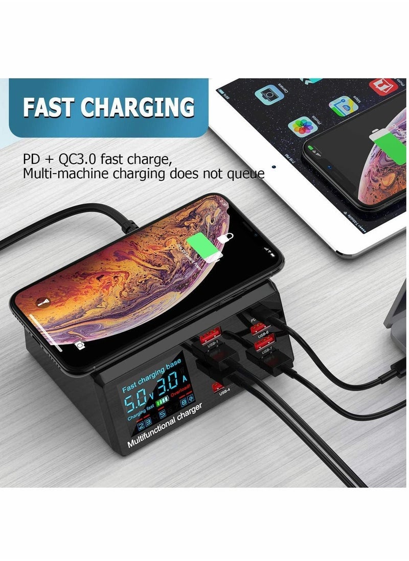 XiuWoo - 100W Quick Charge 3.0 8-Port USB Fast Charger,10W Max for Phone Wireless Charging,9-in-1 Multi-Device Charging Station, Black - Image 1