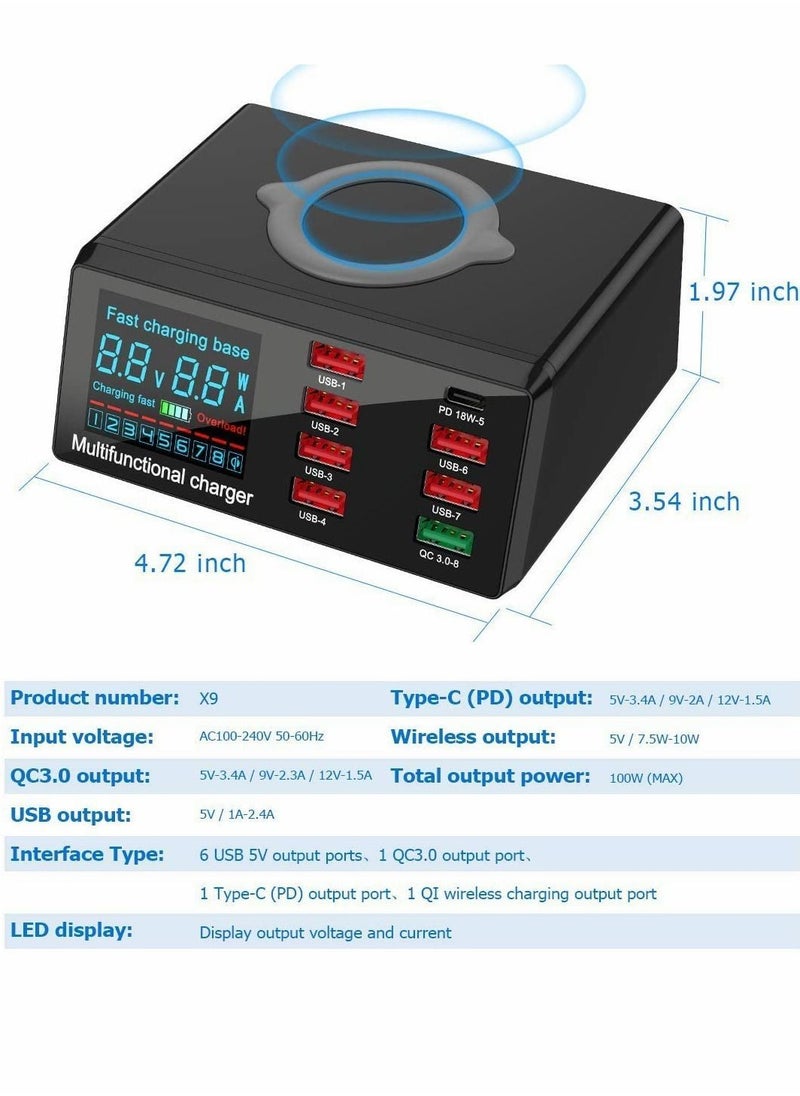 XiuWoo - 100W Quick Charge 3.0 8-Port USB Fast Charger,10W Max for Phone Wireless Charging,9-in-1 Multi-Device Charging Station, Black - Image 1