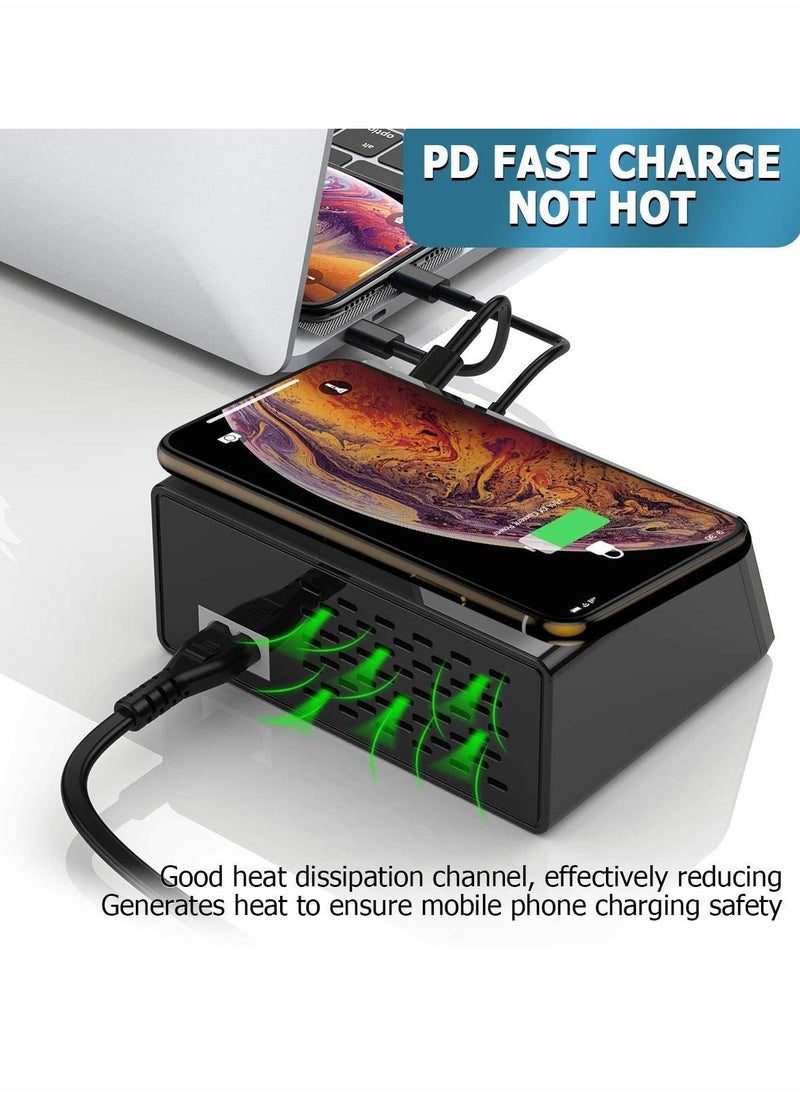XiuWoo - 100W Quick Charge 3.0 8-Port USB Fast Charger,10W Max for Phone Wireless Charging,9-in-1 Multi-Device Charging Station, Black - Image 1