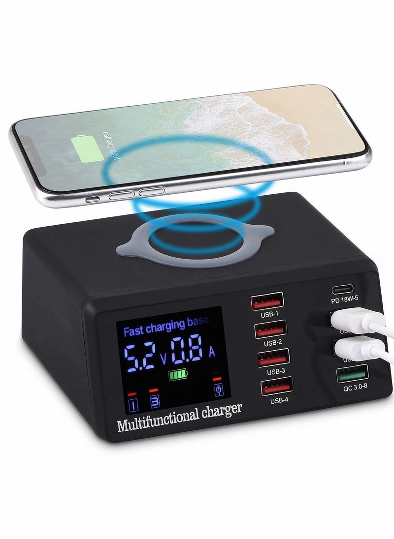 XiuWoo - 100W Quick Charge 3.0 8-Port USB Fast Charger,10W Max for Phone Wireless Charging,9-in-1 Multi-Device Charging Station, Black - Image 1