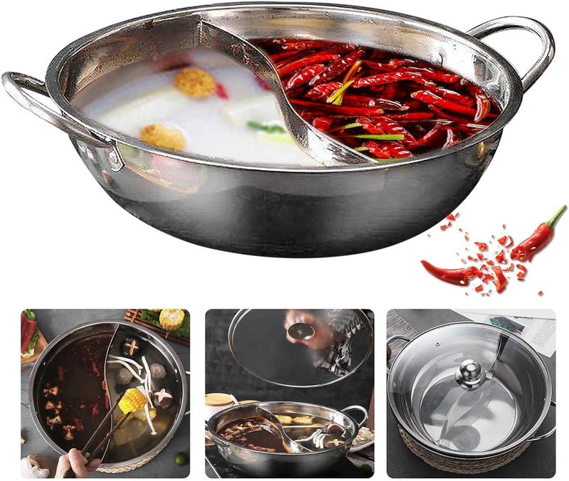 MUGATH Stainless Steel Shabu Shabu Hot Pot with Divider for Induction Cooktop Gas Stove 30cm with Cover Partition Pot Cooking PotBig Soup PotTwoFlavor Design S Grid Mandarin Duck Pot - Image 3