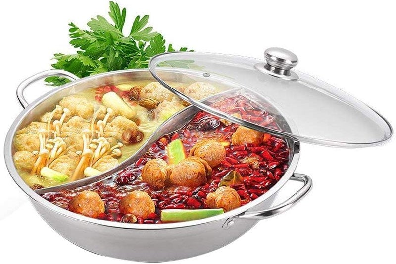 MUGATH Stainless Steel Shabu Shabu Hot Pot with Divider for Induction Cooktop Gas Stove 30cm with Cover Partition Pot Cooking PotBig Soup PotTwoFlavor Design S Grid Mandarin Duck Pot - Image 1