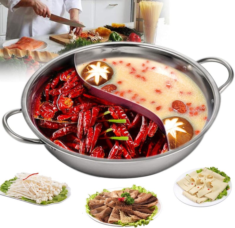 MUGATH Stainless Steel Shabu Shabu Hot Pot with Divider for Induction Cooktop Gas Stove 30cm with Cover Partition Pot Cooking PotBig Soup PotTwoFlavor Design S Grid Mandarin Duck Pot - Image 2