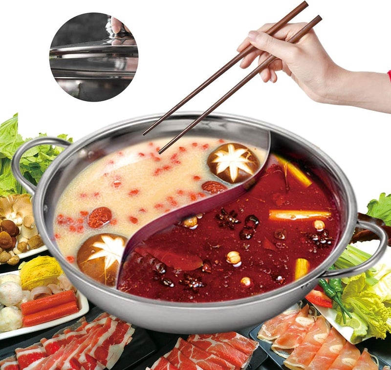 MUGATH Stainless Steel Shabu Shabu Hot Pot with Divider for Induction Cooktop Gas Stove 30cm with Cover Partition Pot Cooking PotBig Soup PotTwoFlavor Design S Grid Mandarin Duck Pot - Image 4