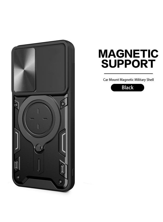 Honor X8a 4G Black Mobile Phone Case Cover, Slide Camera Lens Cover, 360°Rotating Kickstand Ring, Bumper Shockproof Phone Case，Compatible with Car Magnetic Mount