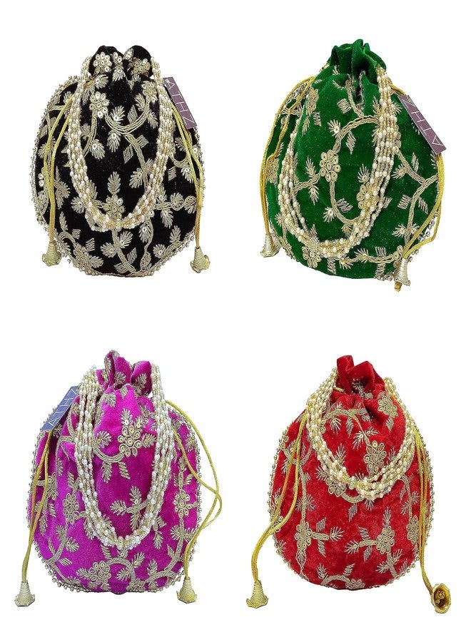 ATHZ Potli Bag Velvet Golden work Multi-color wedding potli for ladies Gift for women handbags traditional Indian Wristlet with Drawstring Ethnic Embroidery Fashion Potli - Image 1