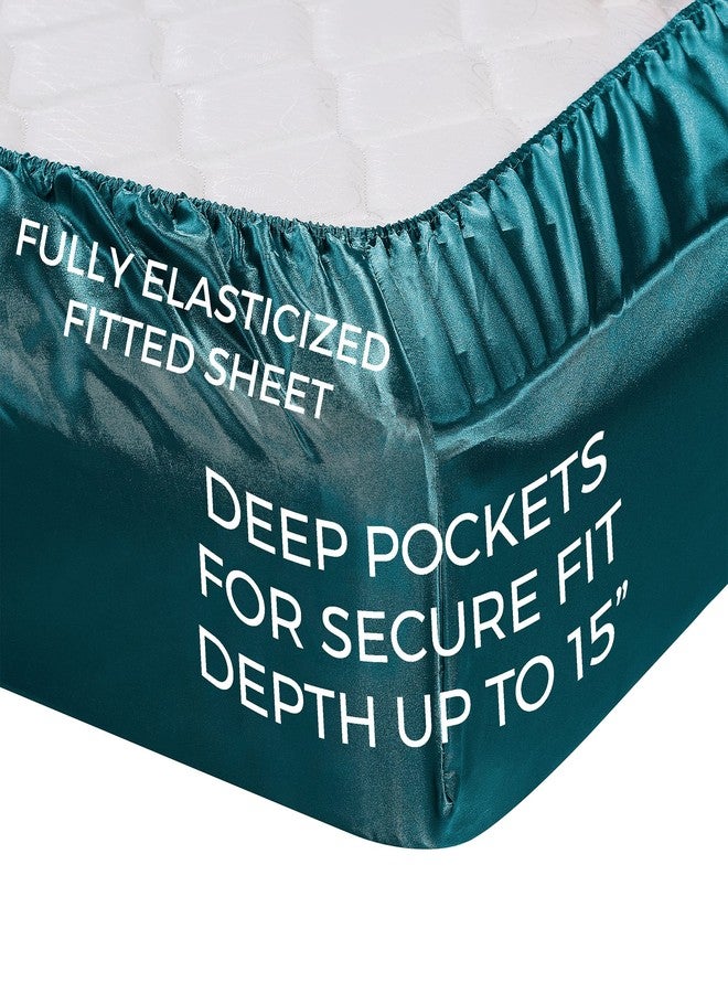 Pure Bedding Satin Sheets Queen [4-Piece, Teal] Hotel Luxury Silky Bed Sheets - Extra Soft 1800 Microfiber Sheet Set, Wrinkle, Fade, Stain Resistant - Deep Pocket Fitted Sheet, Flat Sheet, Pillow Cases - Image 4