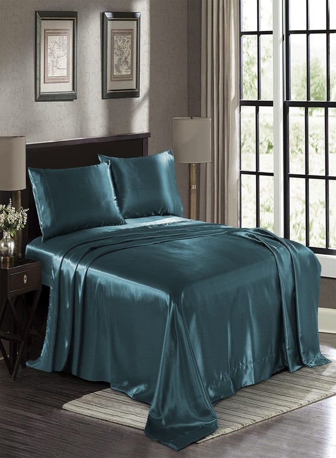 Pure Bedding Satin Sheets Queen [4-Piece, Teal] Hotel Luxury Silky Bed Sheets - Extra Soft 1800 Microfiber Sheet Set, Wrinkle, Fade, Stain Resistant - Deep Pocket Fitted Sheet, Flat Sheet, Pillow Cases - Image 1