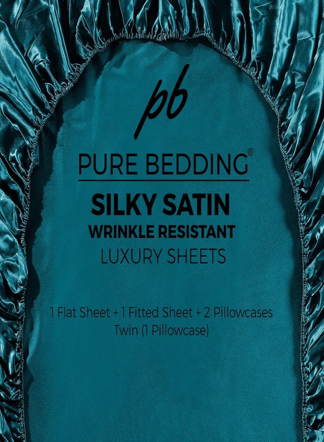 Pure Bedding Satin Sheets Queen [4-Piece, Teal] Hotel Luxury Silky Bed Sheets - Extra Soft 1800 Microfiber Sheet Set, Wrinkle, Fade, Stain Resistant - Deep Pocket Fitted Sheet, Flat Sheet, Pillow Cases - Image 5