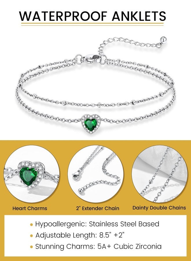 KeyStyle Heart Ankle Bracelet with Synthetic Emerald for Wife Mother, Women's May Birthstone Rolo Anklet Romantic Summer Jewelrys for Her - Image 3