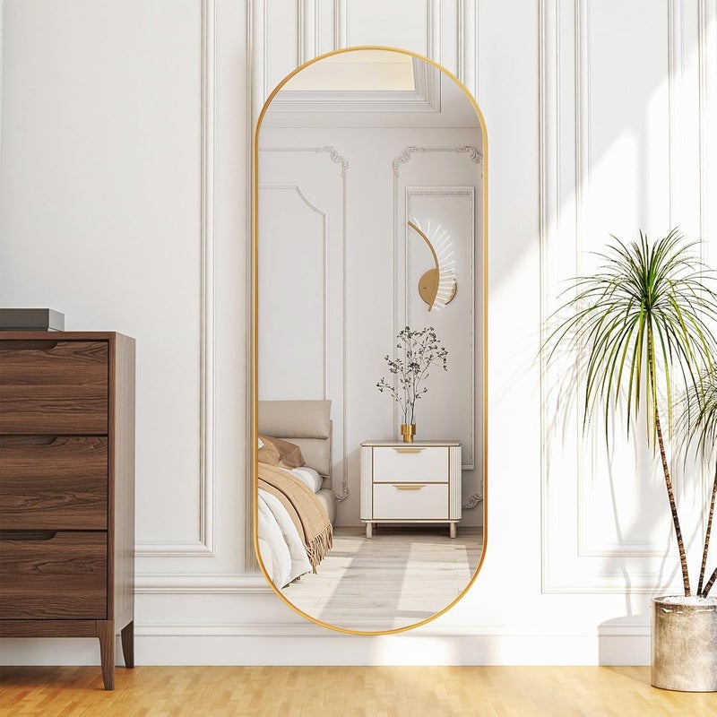 ZHUNFA Arched Full Length Floor Mirror, Oval Full Floor Mirror, Large Wall Mounted Arched-Top Body for Living Room, Bedroom, Bathroom, Entryway, Dressing Room (Gold, 64 * 21) - Image 1
