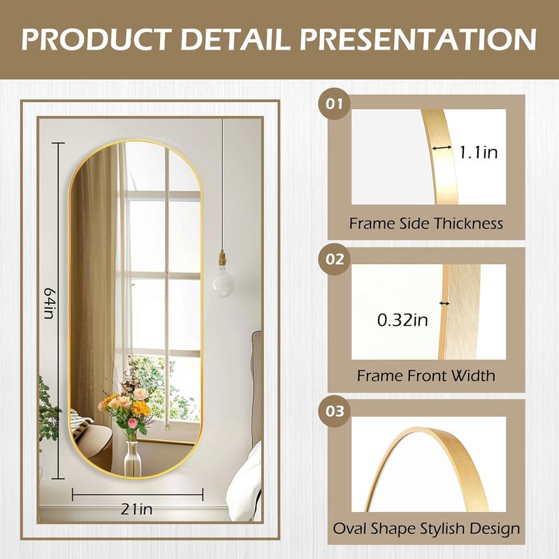 ZHUNFA Arched Full Length Floor Mirror, Oval Full Floor Mirror, Large Wall Mounted Arched-Top Body for Living Room, Bedroom, Bathroom, Entryway, Dressing Room (Gold, 64 * 21) - Image 2