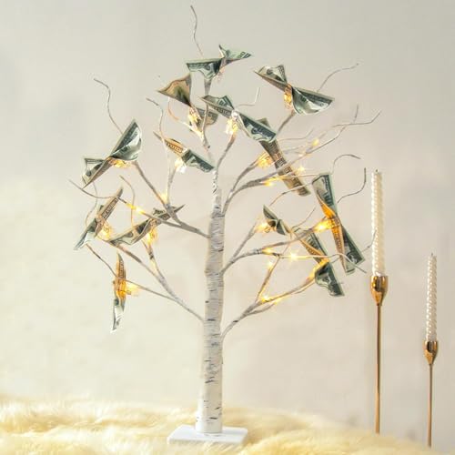 Vanthylit Money Tree Gift Holder, Lighted Tabletop Birch Tree with Clips and Greeting Cards, Photo Decorations for Birthday Wedding Christmas Graduation Gifts(24 LED Warm White) - Image 3
