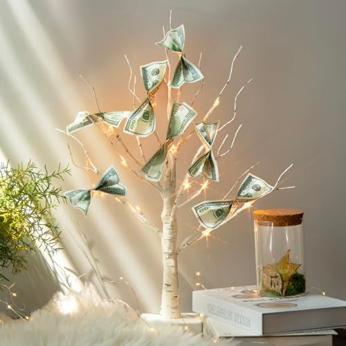 Vanthylit Money Tree Gift Holder, Lighted Tabletop Birch Tree with Clips and Greeting Cards, Photo Decorations for Birthday Wedding Christmas Graduation Gifts(24 LED Warm White) - Image 2