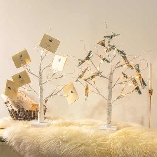 Vanthylit Money Tree Gift Holder, Lighted Tabletop Birch Tree with Clips and Greeting Cards, Photo Decorations for Birthday Wedding Christmas Graduation Gifts(24 LED Warm White) - Image 4