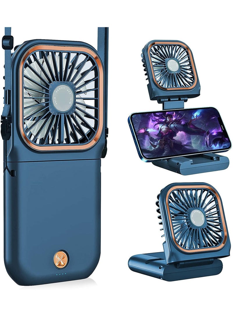 AUTOYSUR Portable Handheld Personal Necklace Fan Foldable Mini Quiet USB Rechargeable Fan With Mobile phone bracket function, 3000mAh Power Bank Hands Free Necklace Fans (Upgrade Blue) - Image 1