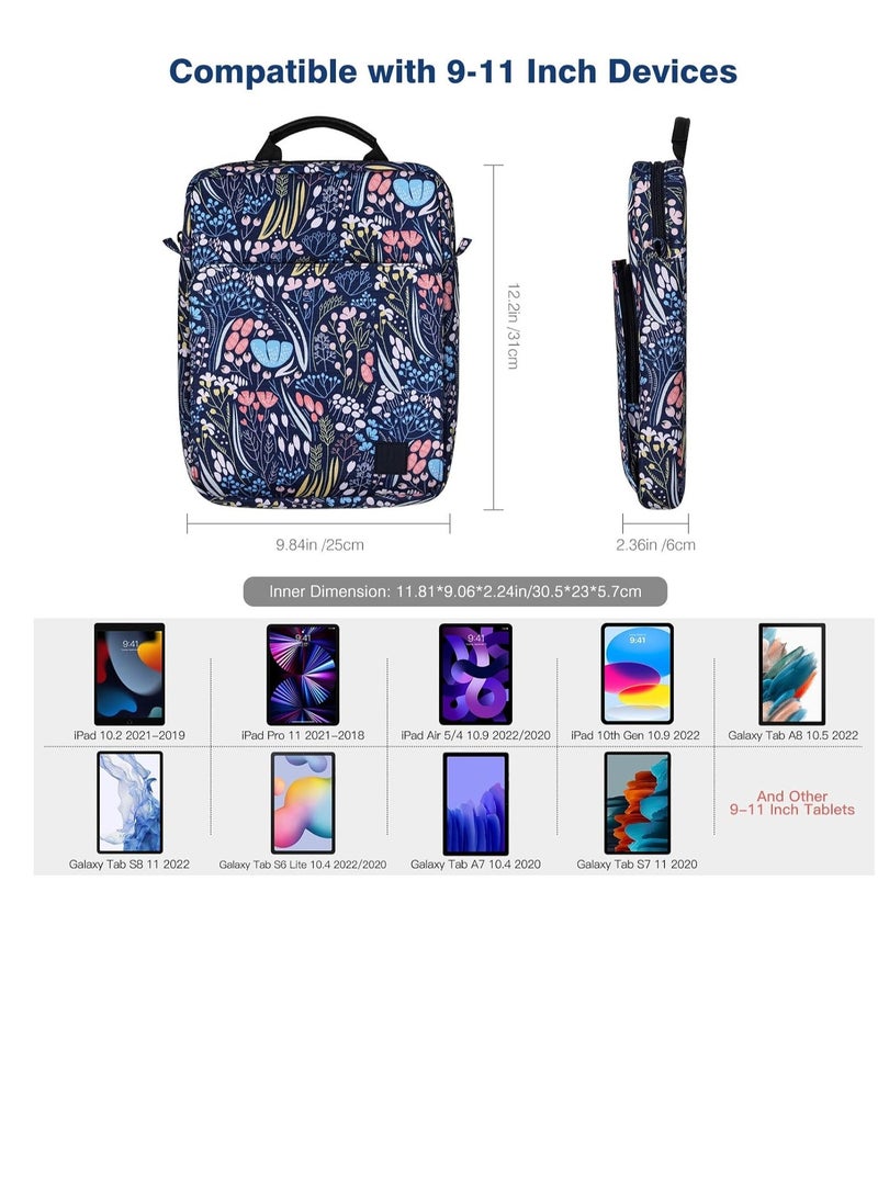 9-11" Tablet Sleeve Bag Case with Shoulder Strap for iPad 10.2 2021-2019, iPad 10th Generation 2022, iPad Air 5/4 10.9, iPad Pro 11 2022-2018, Galaxy Tab S9/S8/A8/A7 2023（Blue Flower） - Image 3