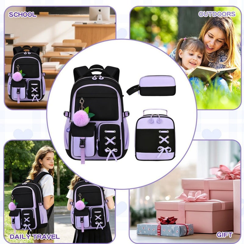 Girls 3-Piece School Backpack Set with Bowknot, Large Capacity - Image 4