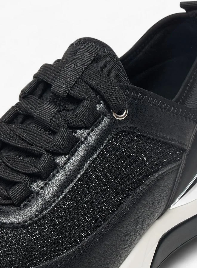 Flora Bella By Shoexpress BLACK Womens Glitter Embellished Sneakers With Lace-Up Closure for Women | Best Price UAE