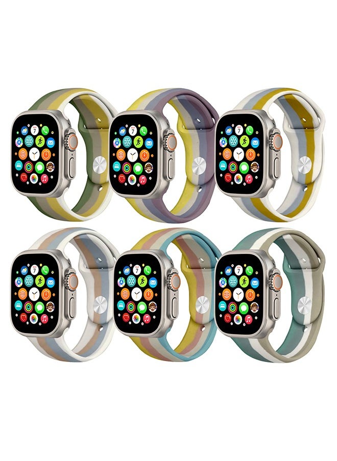 6 Pack For Apple Watch Band 49mm 45mm 44mm 42mm Stripe Silicone Replacement Band for iWatch Ultra2 Ultra Series 9/8/7/SE/6/5/4/3/2/1