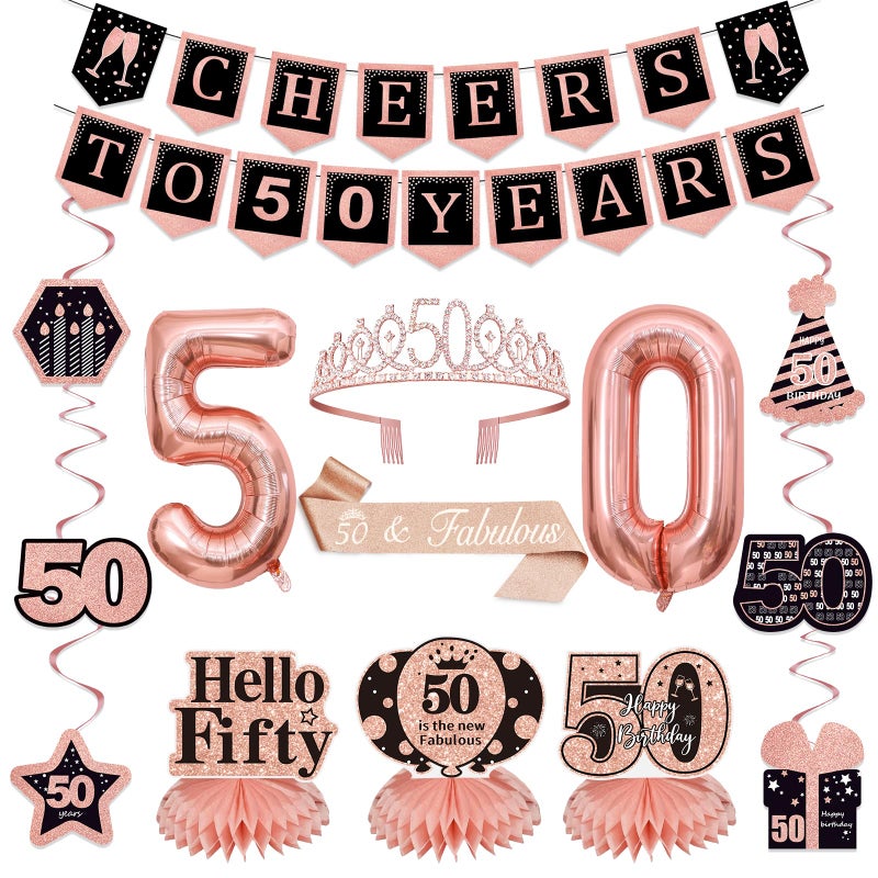 YeohJoy 14Pcs 50th Birthday Decorations for Her with Banner, Hanging Swirls, Balloons,Crown and Sash,Table Honeycombs Centerpieces, Happy 50th Birthday Decorations - Image 1