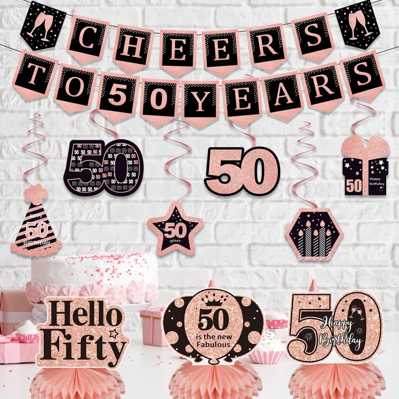 YeohJoy 14Pcs 50th Birthday Decorations for Her with Banner, Hanging Swirls, Balloons,Crown and Sash,Table Honeycombs Centerpieces, Happy 50th Birthday Decorations - Image 5