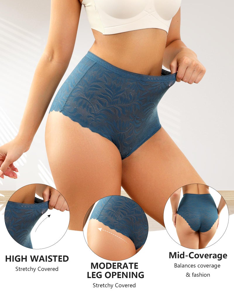 LEVAO Women's High Waist Lace Underwear, Soft Floral Lace Briefs with Mid-Coverage Panties for Women 4-Pack - Image 4
