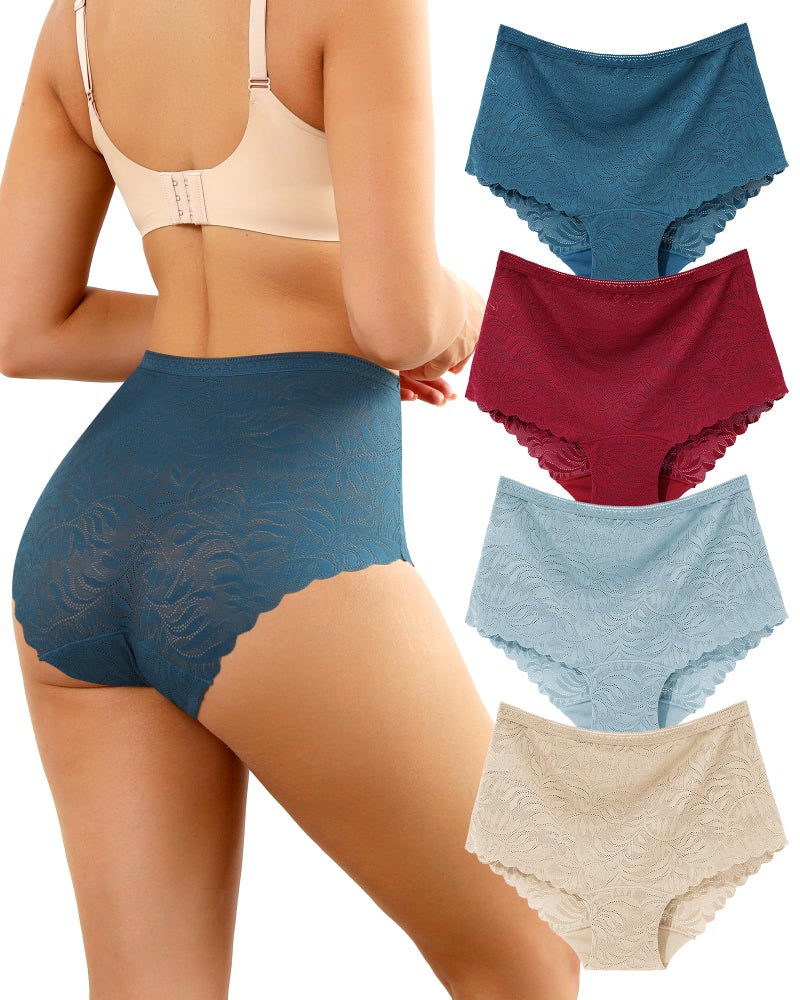 LEVAO Women's High Waist Lace Underwear, Soft Floral Lace Briefs with Mid-Coverage Panties for Women 4-Pack - Image 1