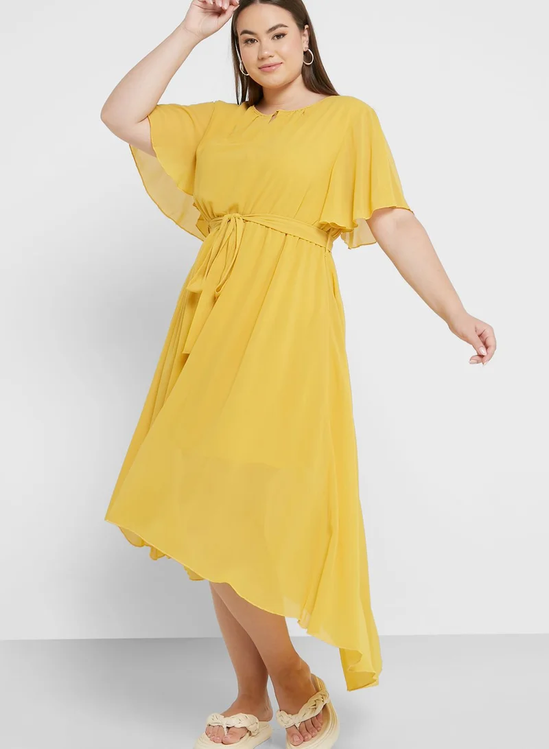 Ginger Plus Belted Asymmetrical Hem Dress