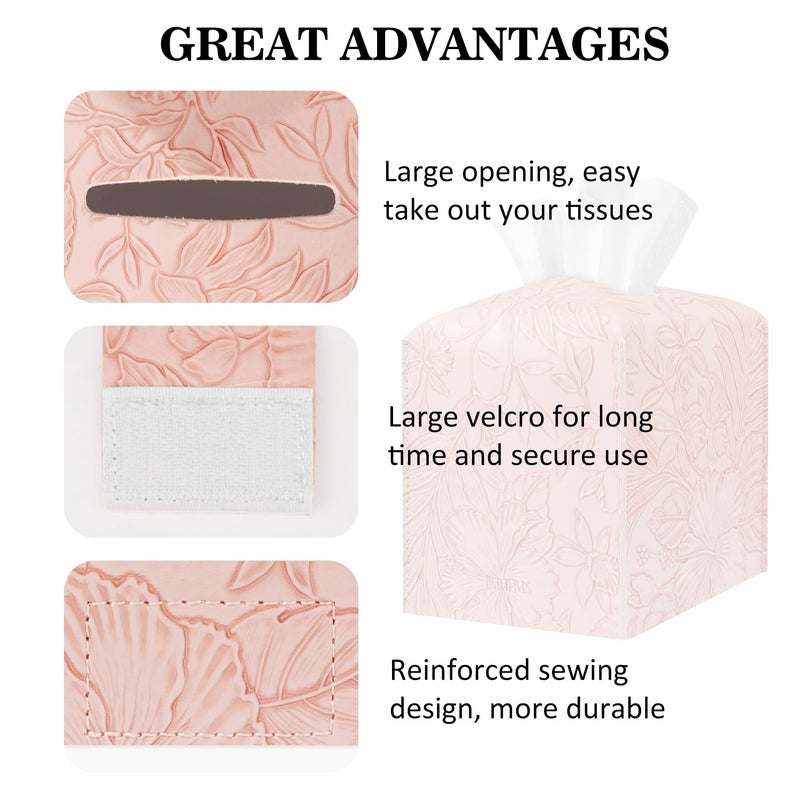 PARIERIS Tissue Box Holder Cover Square Tissue Cube Cover PU Leather Tissue Organizer with Bottom Belt for Bathroom, Tabletop, Kitchen, Night Stands, Office, Home, Car (1, RosyPink) - Image 4