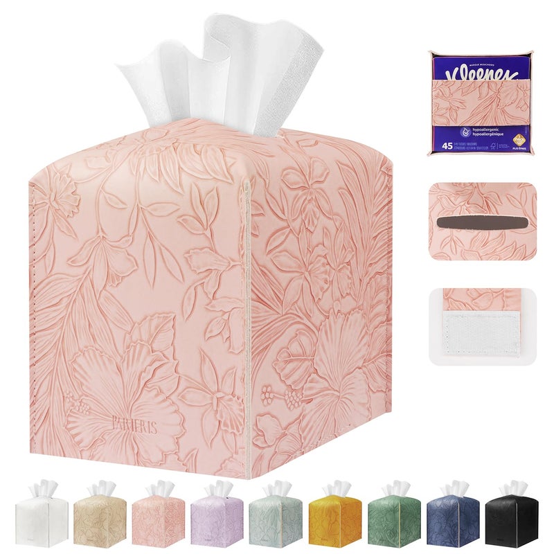 PARIERIS Tissue Box Holder Cover Square Tissue Cube Cover PU Leather Tissue Organizer with Bottom Belt for Bathroom, Tabletop, Kitchen, Night Stands, Office, Home, Car (1, RosyPink) - Image 1