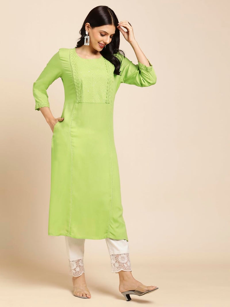 RATAN Women Rayon Straight Fit Sequins Embroidered Ethnic Wear Kurta (STR-1988-M_Light Green) - Image 4