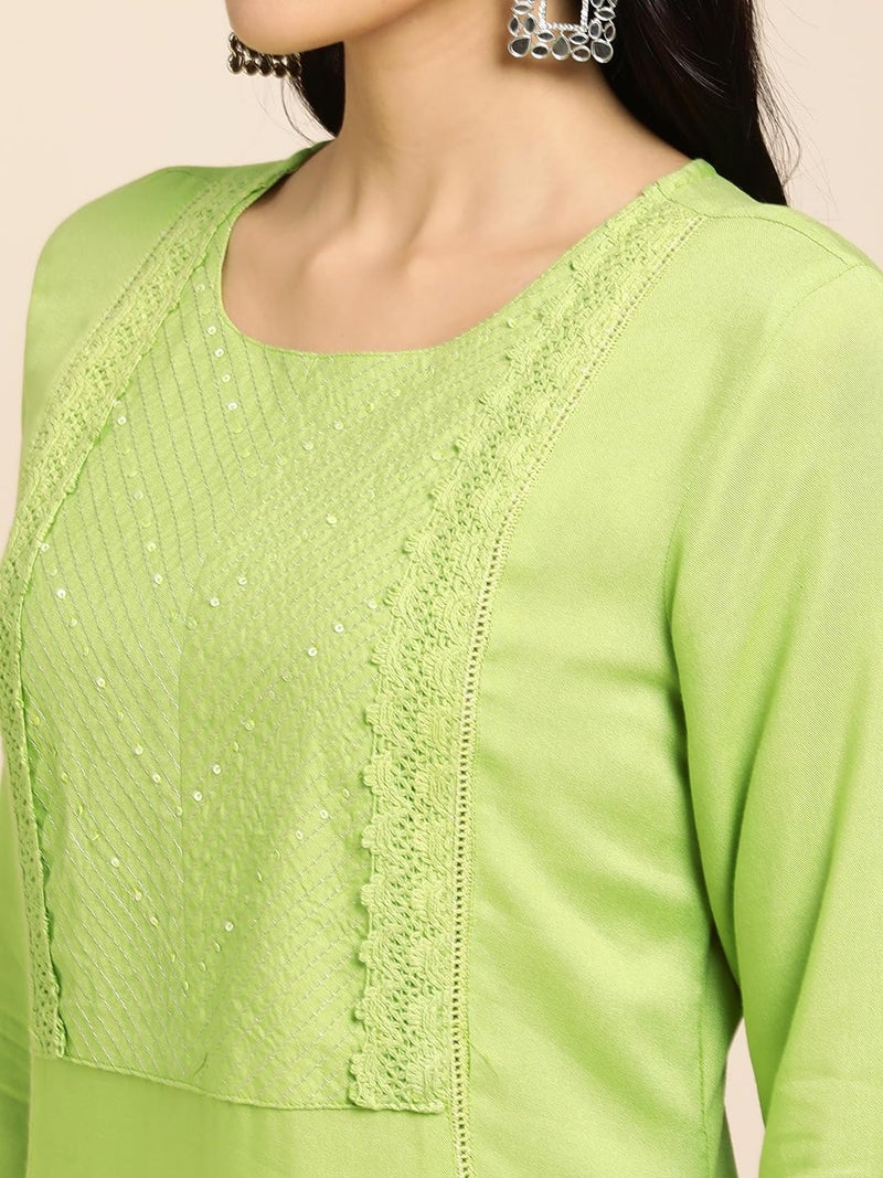RATAN Women Rayon Straight Fit Sequins Embroidered Ethnic Wear Kurta (STR-1988-M_Light Green) - Image 2