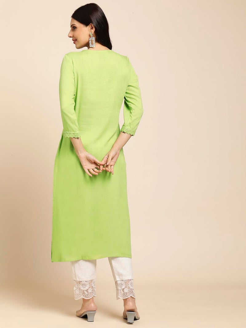 RATAN Women Rayon Straight Fit Sequins Embroidered Ethnic Wear Kurta (STR-1988-M_Light Green) - Image 3